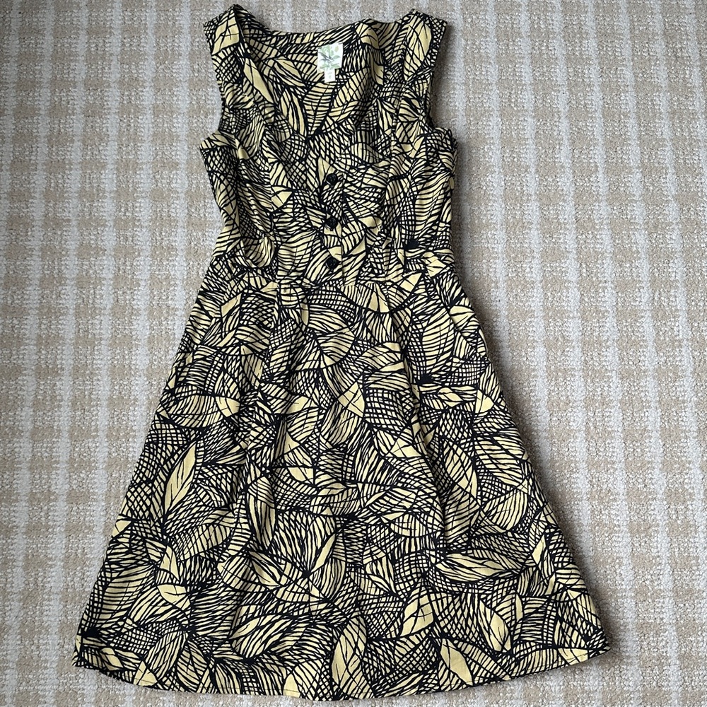 Anthropologie Black and Cream Leaf Pattern Midi Dress